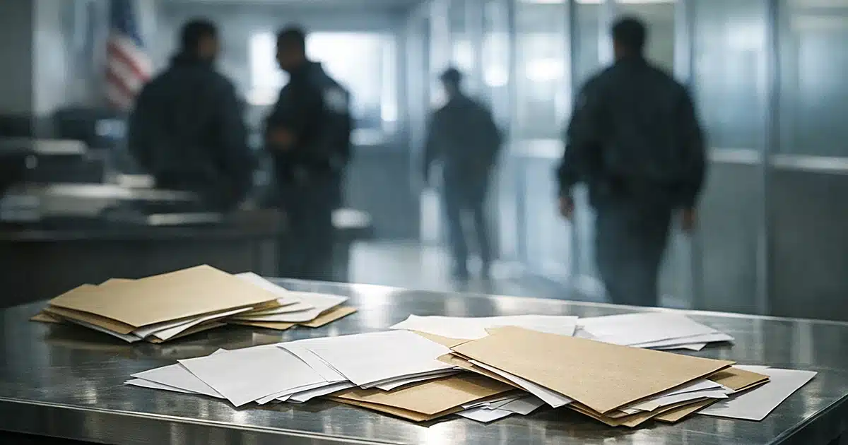 Immigration facility document examination table with scattered folders and silhouetted officials in background