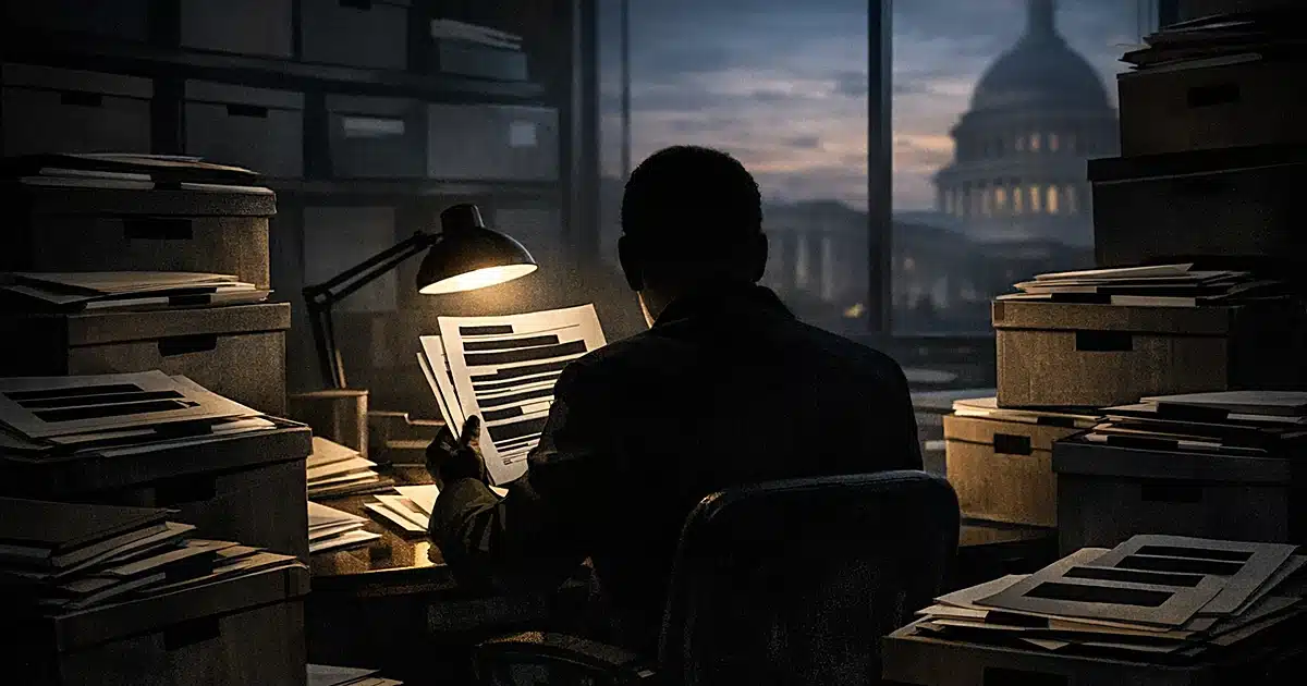 Silhouetted figure reviewing redacted documents in shadowy office with filing cabinets and government building visible outsid