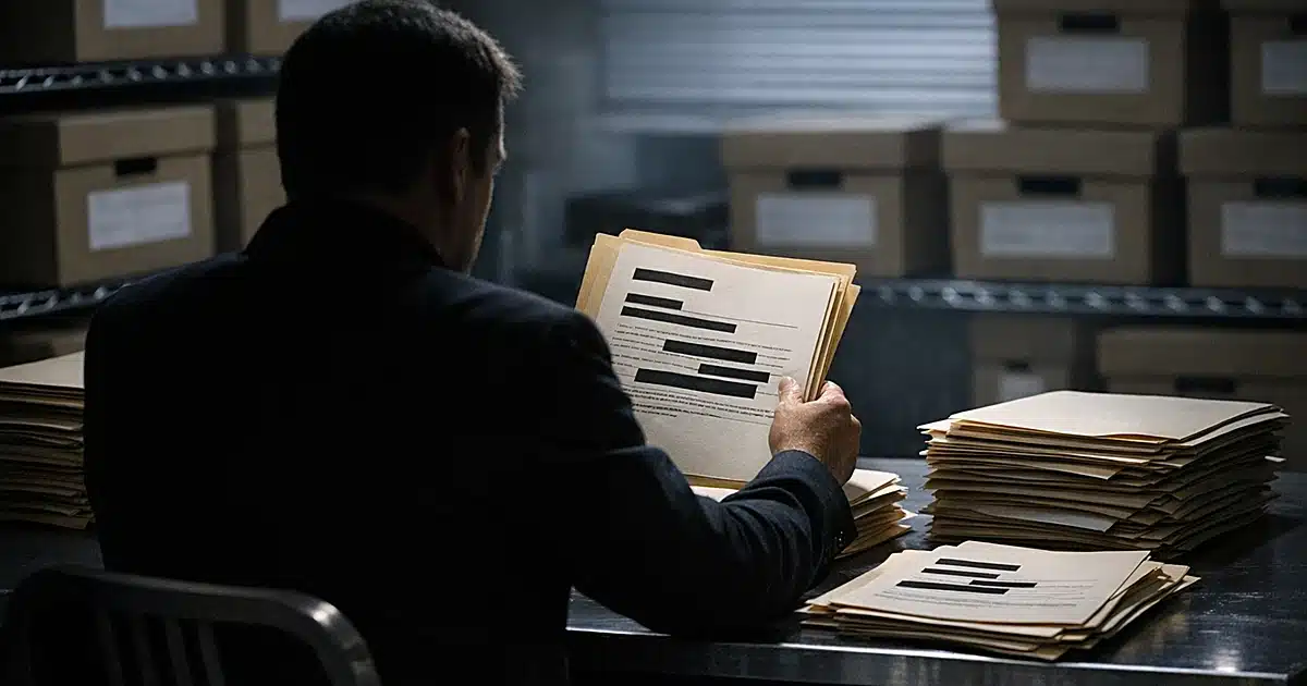 Silhouetted figure reviewing stacks of redacted government files at desk in federal records room