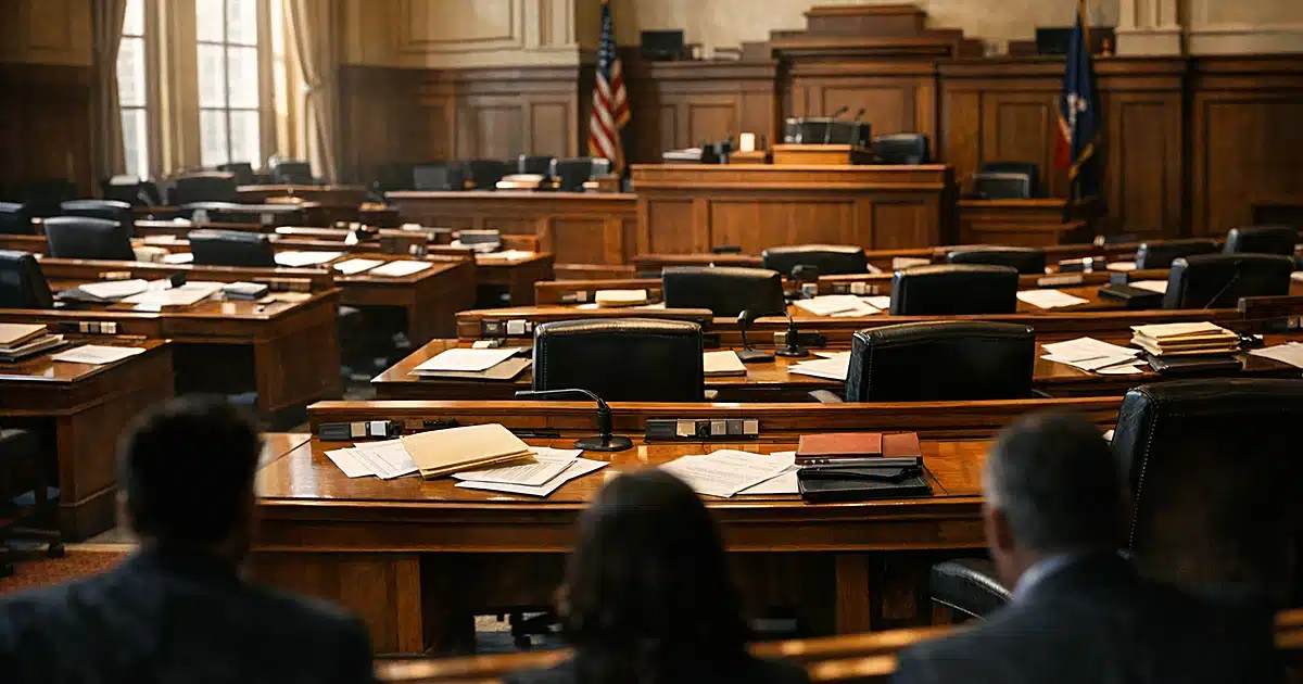 Empty legislative chamber with rows of desks and afternoon light streaming through tall windows