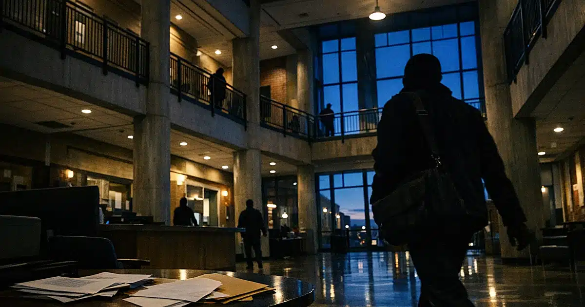 Interior of large community center atrium with silhouetted figure walking past reception desk at dusk