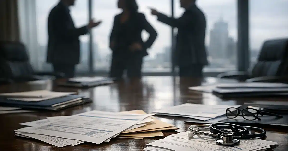 Silhouetted business figures in tense discussion over scattered documents on corporate boardroom table
