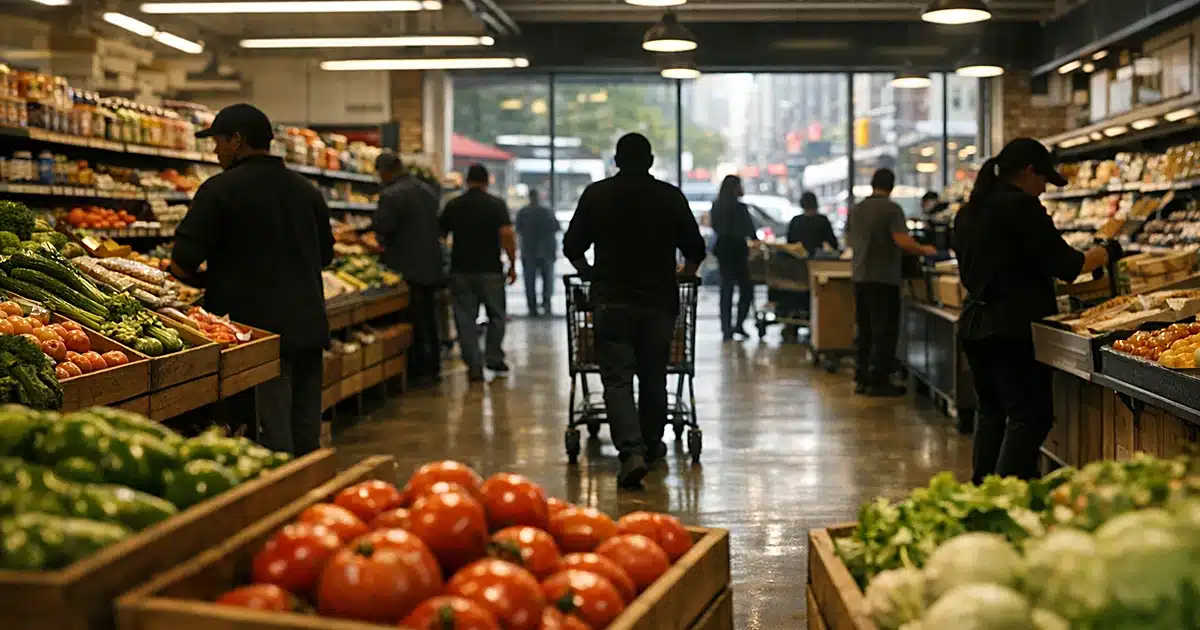 Interior of busy independent grocery store with shoppers and produce displays in urban neighborhood setting