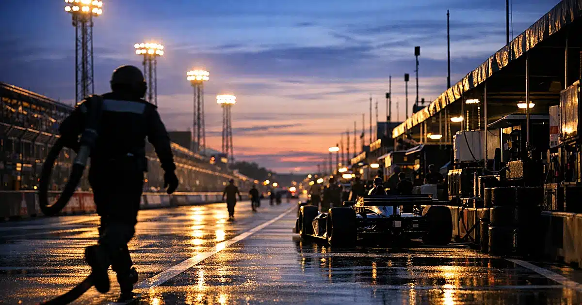 Silhouetted pit crew member walking through empty IndyCar pit lane at dusk with stadium lights glowing overhead