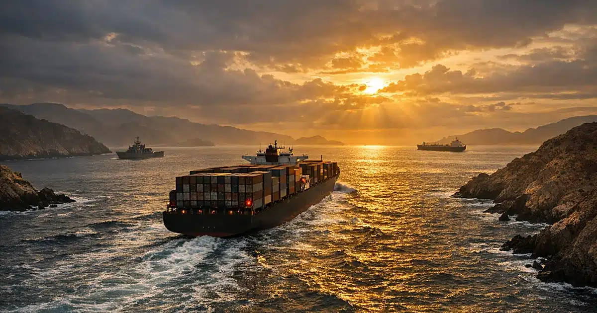 Large cargo ship navigating narrow strait at dusk with rocky coastlines on both sides