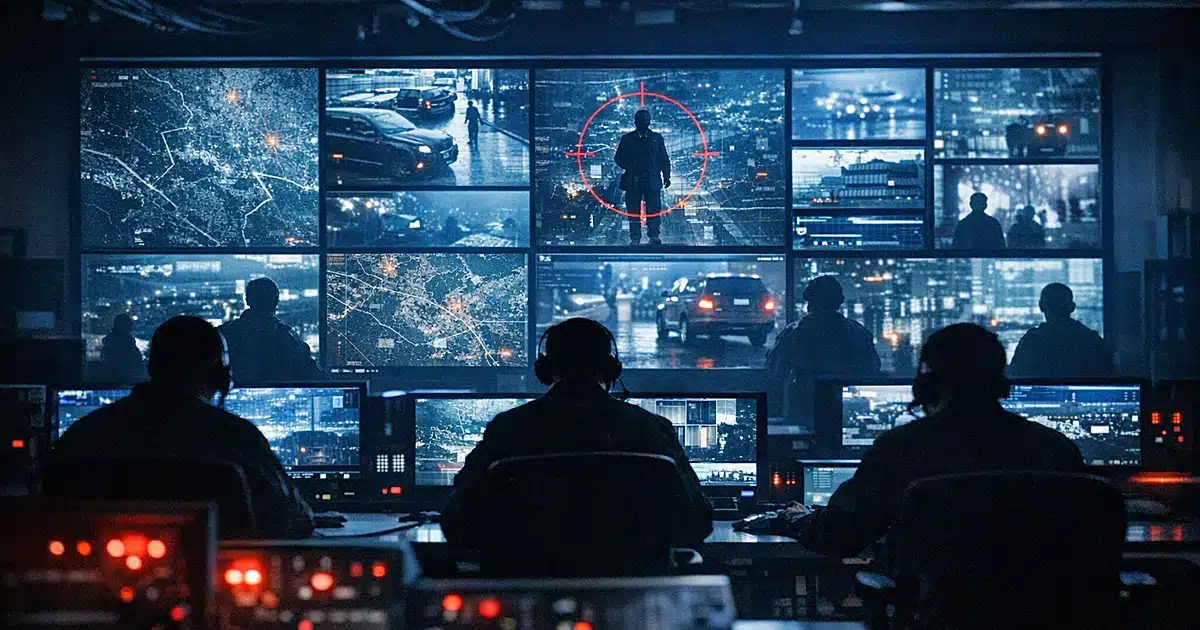 Security operations center with silhouetted personnel monitoring glowing surveillance screens and digital maps