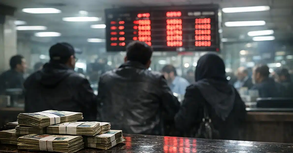 Currency exchange counter with stacks of Iranian rial banknotes and silhouetted figures facing digital rate displays