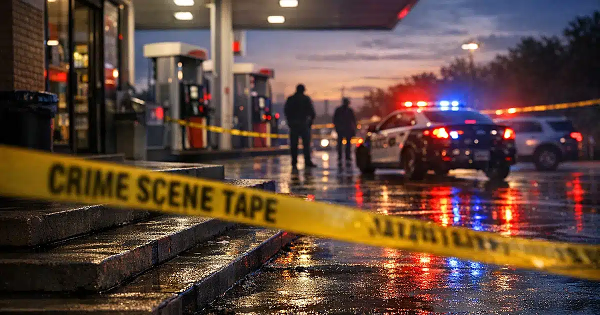 Empty gas station with crime scene tape and police lights reflecting on wet pavement at dusk