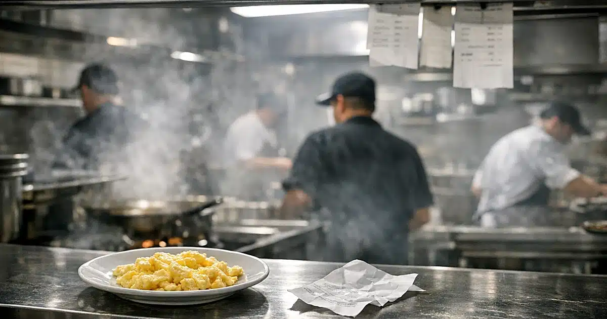 Restaurant kitchen pass window with plate of eggs and receipt on stainless steel counter