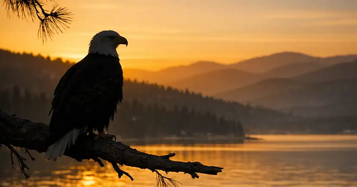 Bald eagle perched on branch overlooking Big Bear Lake at sunset with mountains in background
