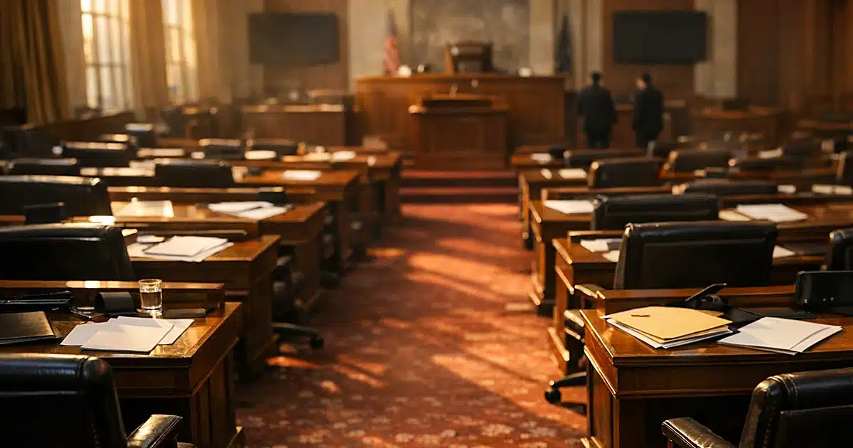 Empty legislative chamber with scattered papers on desks, afternoon light streaming through windows