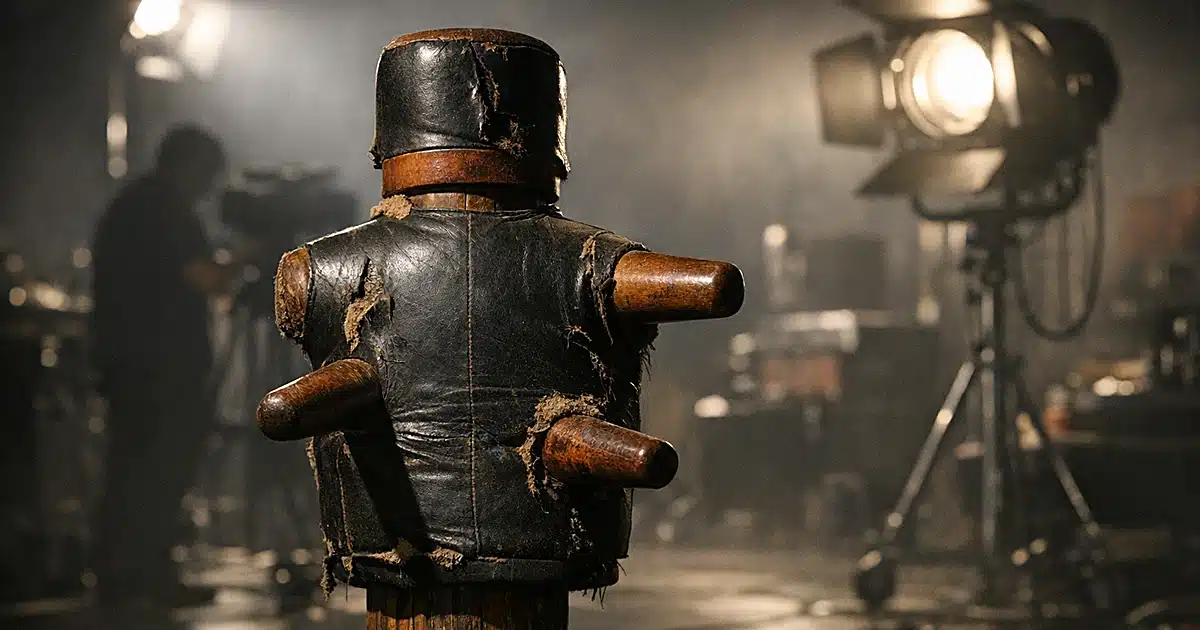Training dummy on darkened Hollywood soundstage with film equipment silhouettes in background