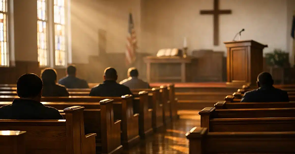 Interior of church sanctuary with wooden pews and silhouetted figures seated in back rows during afternoon