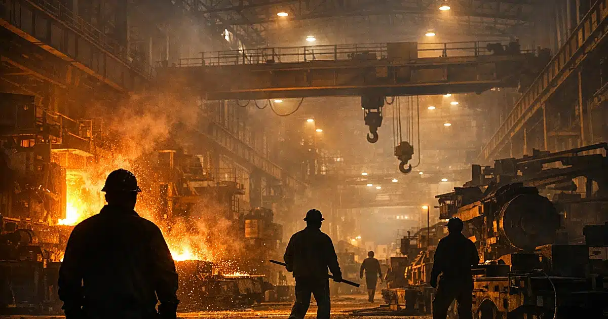 Silhouetted workers inside a large steel factory with industrial machinery and orange furnace glow at dusk