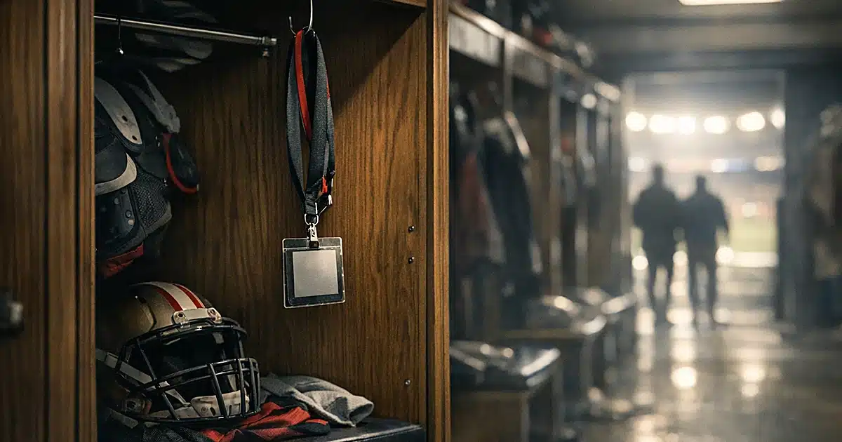 Empty NFL locker room with owner credential hanging in open locker, dramatic lighting through distant doorway
