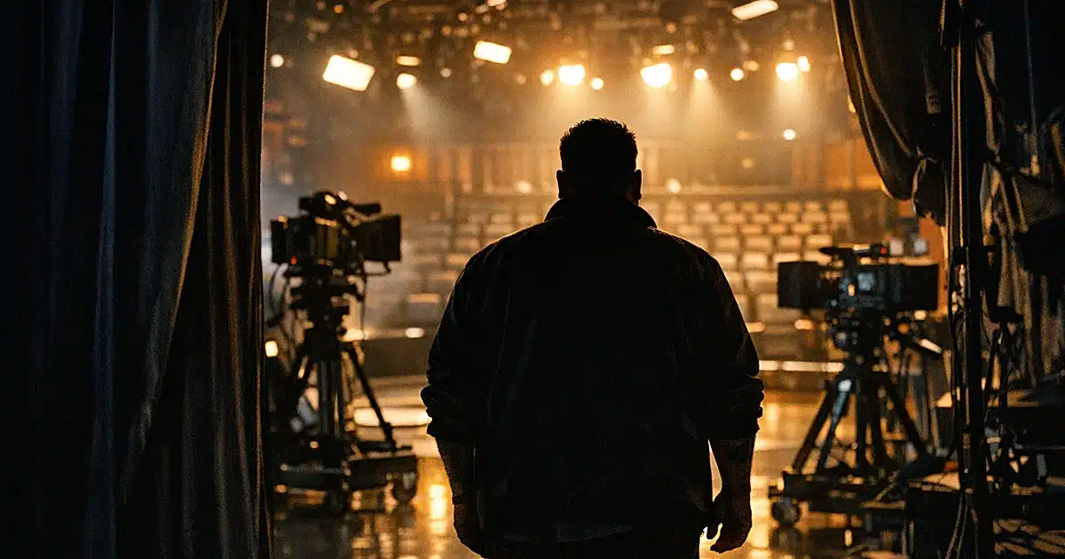 Silhouetted figure standing backstage looking toward empty television studio audience and cameras