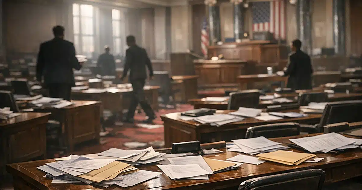 Empty legislative chamber with scattered papers on desks and silhouetted figures moving through aisles