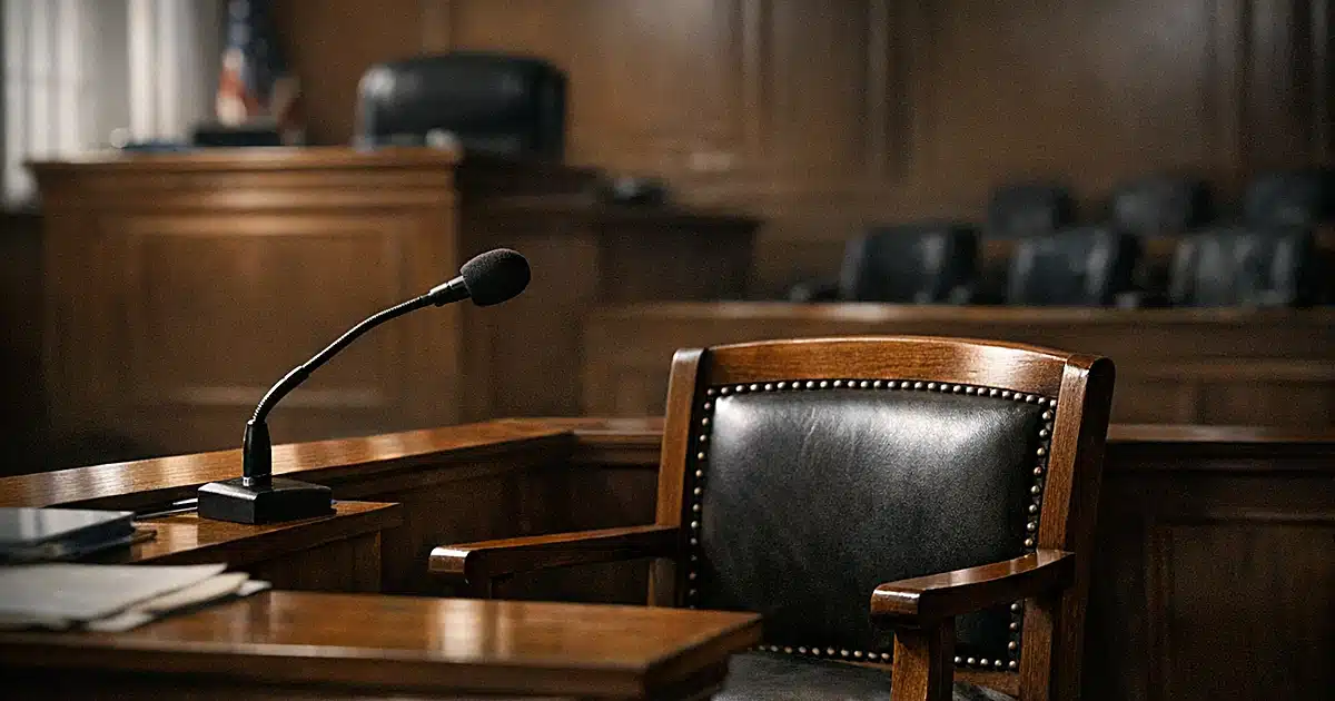 Empty wooden witness stand and chair in a courtroom with dramatic window lighting and judge's bench in background