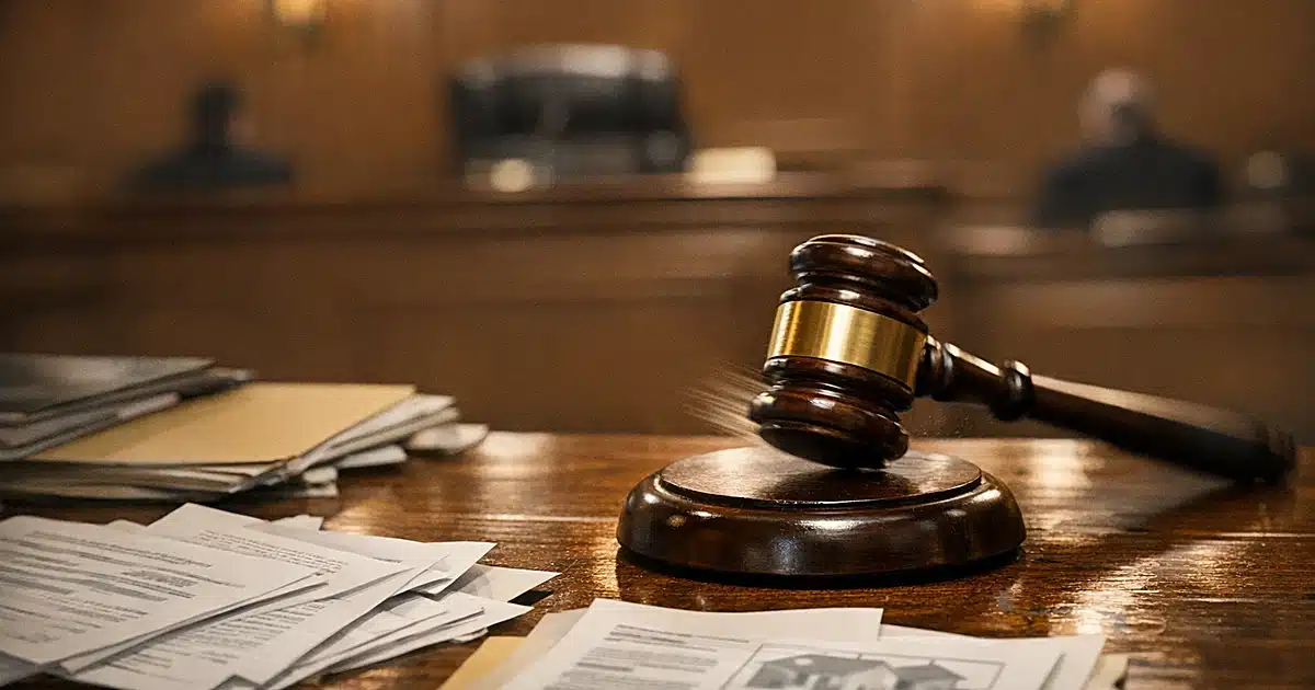 Judge's gavel striking sound block with scattered legal documents on courtroom bench