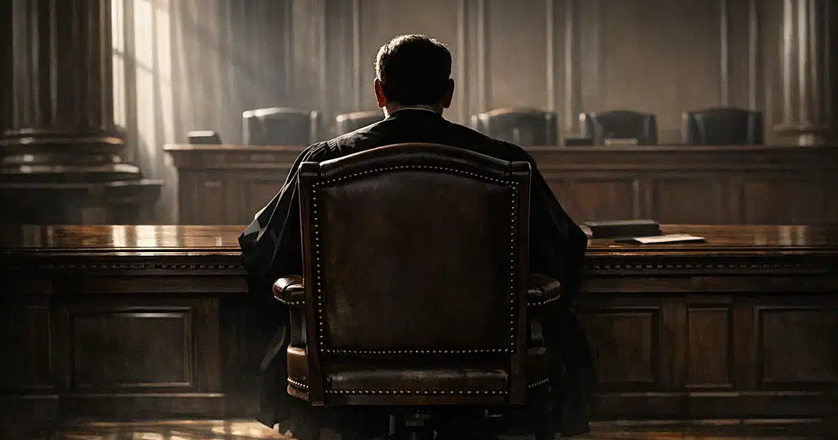Silhouetted judge in robes seated at bench in sunlit courtroom, viewed from behind, conveying permanence