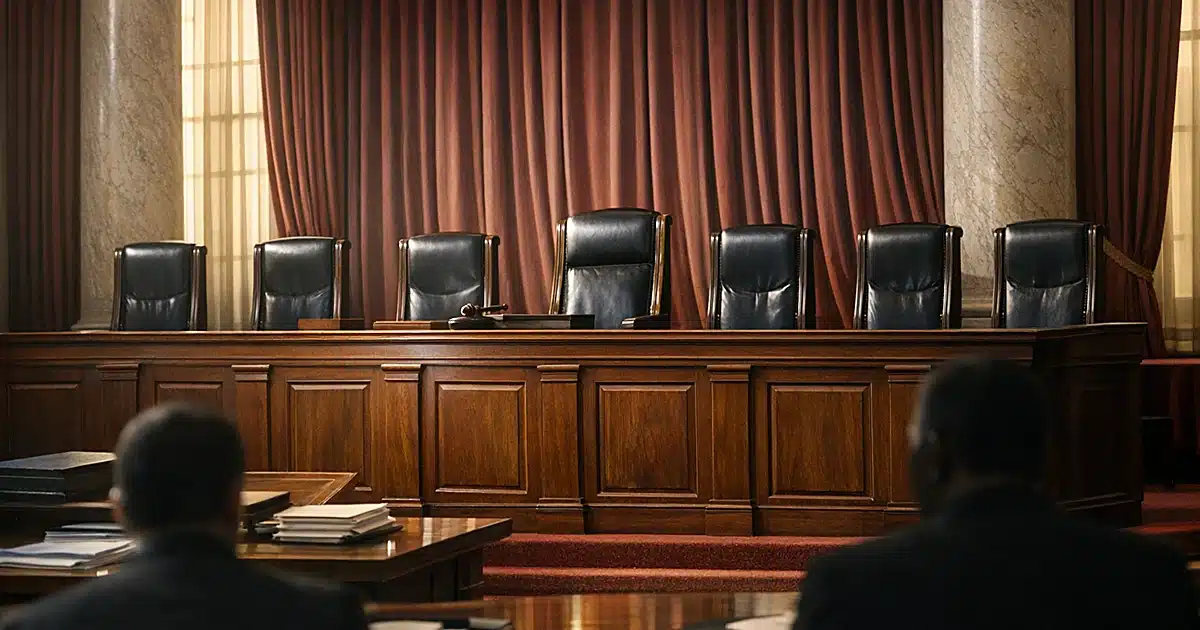 Empty Supreme Court bench with nine leather chairs in afternoon light showing institutional permanence