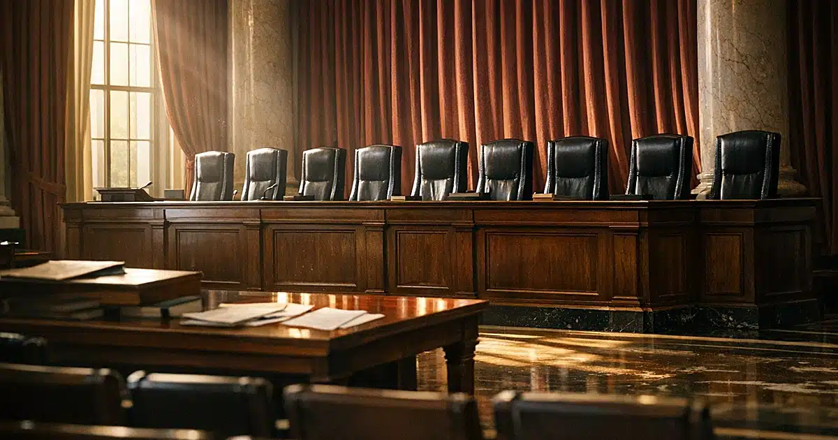Empty Supreme Court chamber with nine chairs at the bench, afternoon sunlight streaming through windows