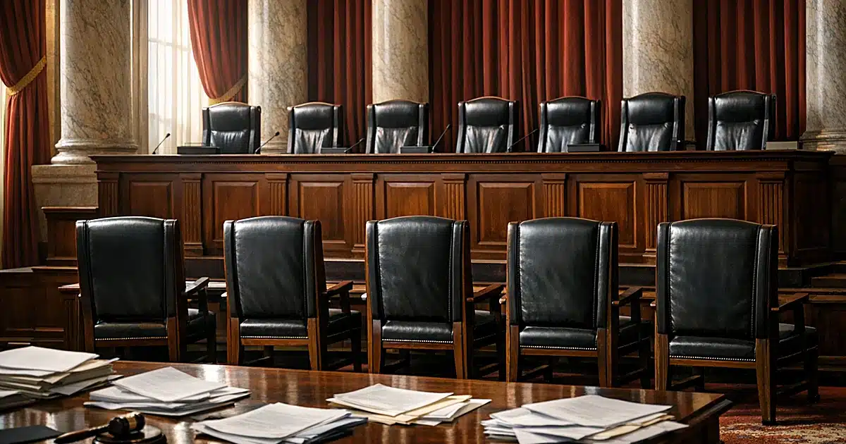 Empty Supreme Court chamber with nine traditional judicial chairs and four additional chairs symbolizing expansion