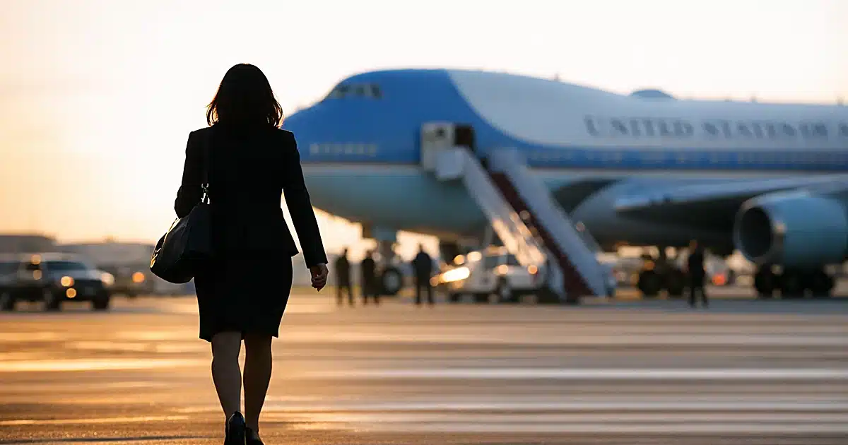 Silhouetted figure walking toward Air Force One on airport tarmac in golden afternoon light