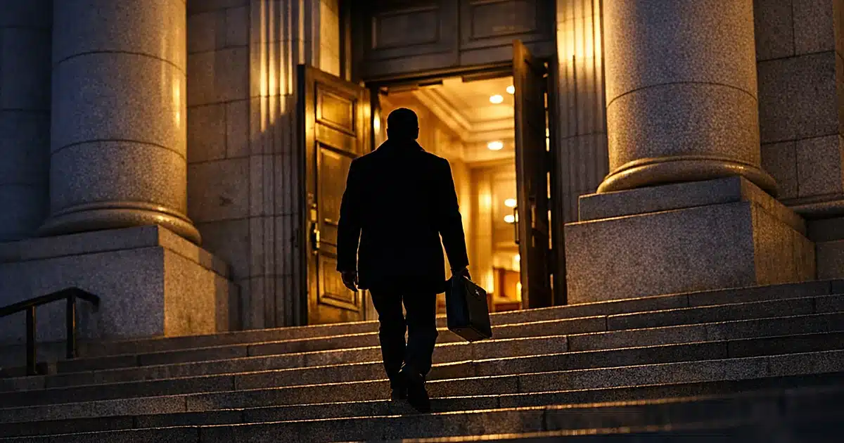Silhouetted figure ascending federal courthouse steps at dusk with dramatic lighting and imposing columns