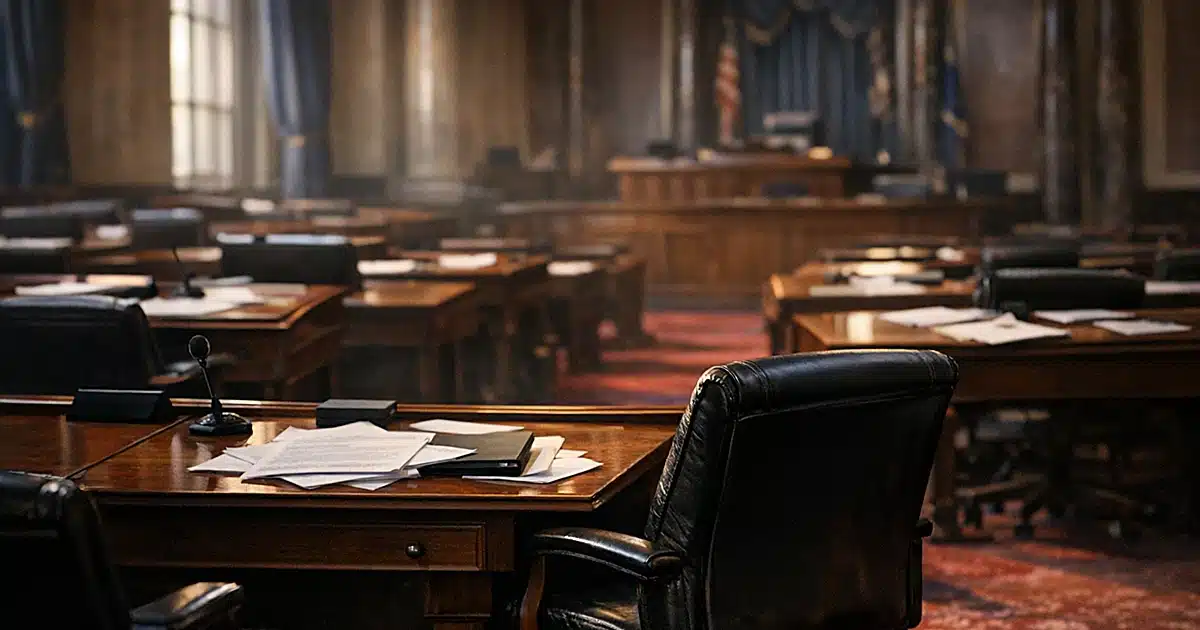 Empty Senate chamber with vacant desk chair and scattered papers under dramatic window lighting