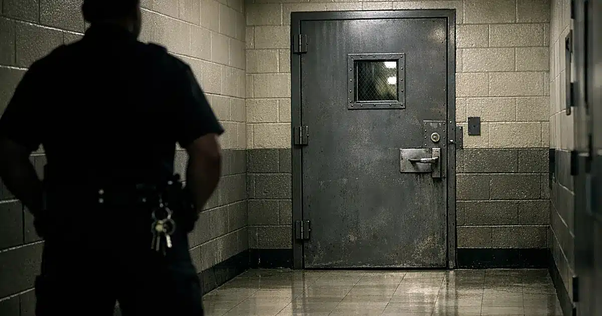 Juvenile detention center corridor with reinforced door and silhouetted officer standing guard