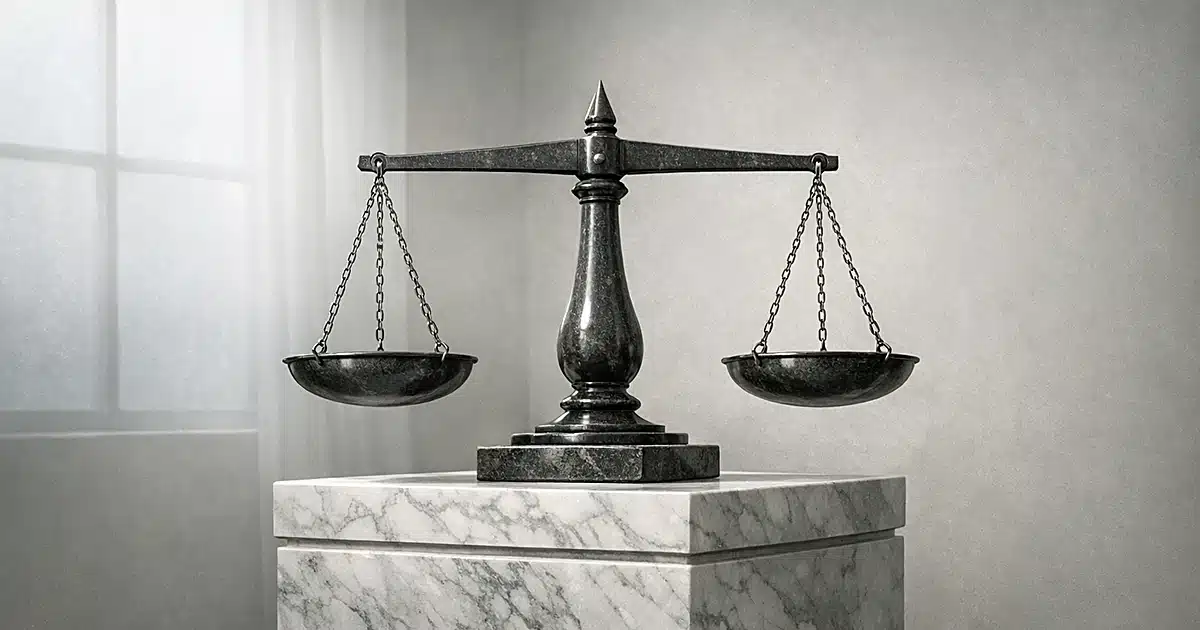 Abstract stone balance scale on marble pedestal in minimalist room with soft natural lighting