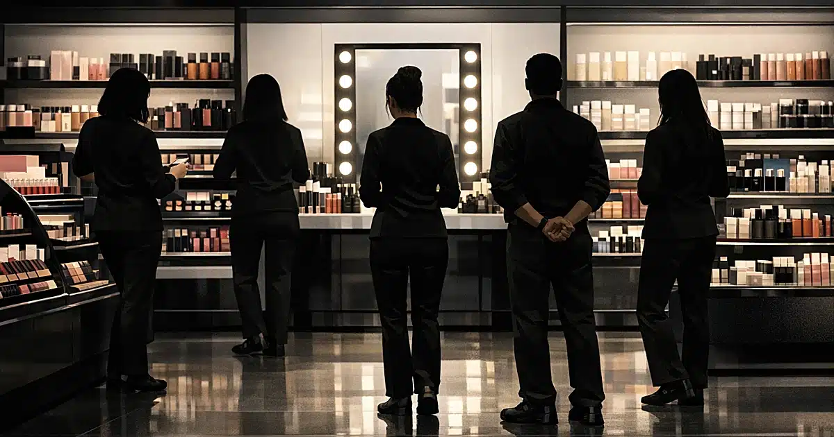 Retail cosmetics counter with staff in all-black uniforms shown from behind against illuminated product displays