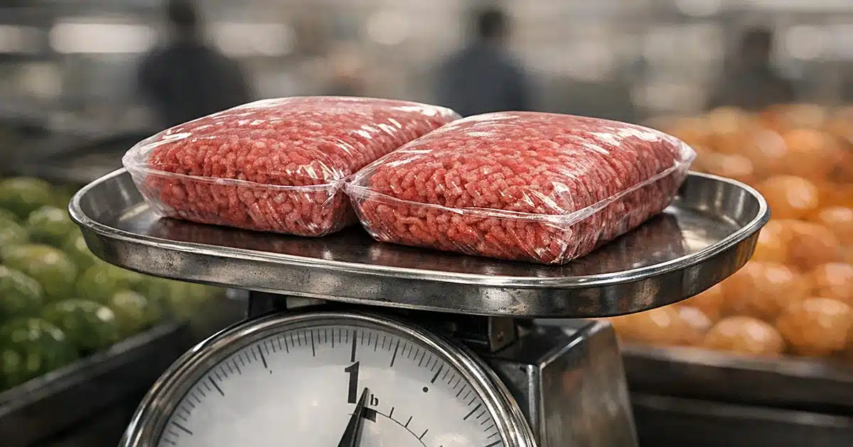 Two packages of ground beef on grocery store scale showing weight discrepancy with needle below one pound mark