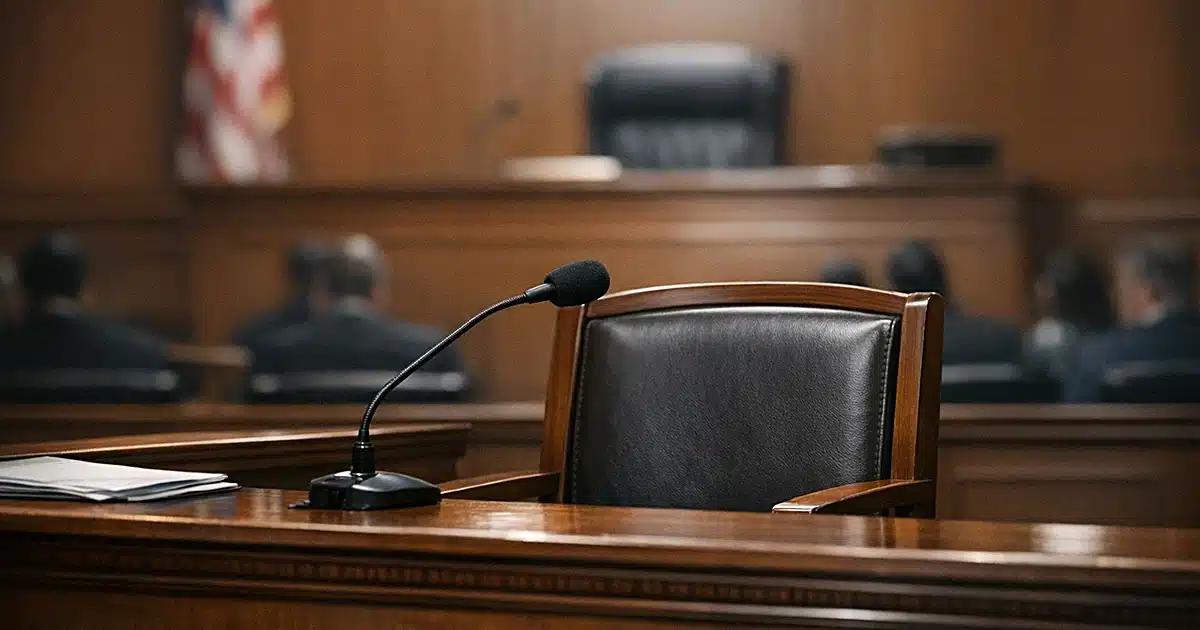 Empty witness stand with microphone in federal courtroom with blurred silhouettes in background gallery seating