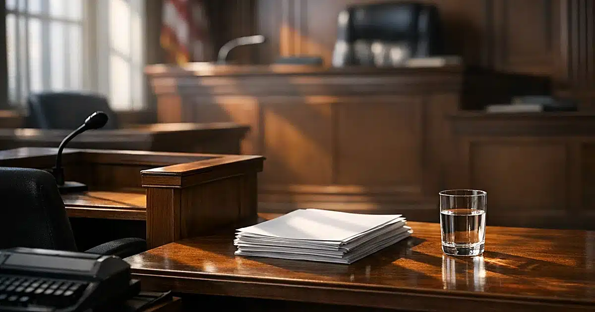 Empty witness stand in a North Carolina courtroom with afternoon light streaming through windows