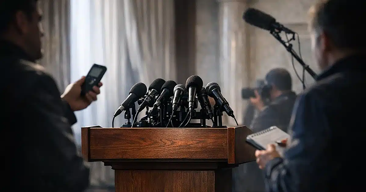 Press briefing podium with multiple microphones surrounded by silhouetted reporters in Pennsylvania government setting