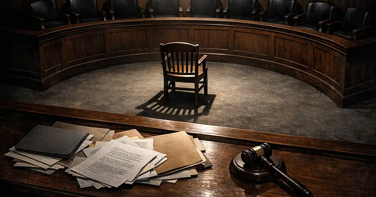 Empty grand jury room with vacant witness chair and jury box, scattered legal documents on prosecutor's table