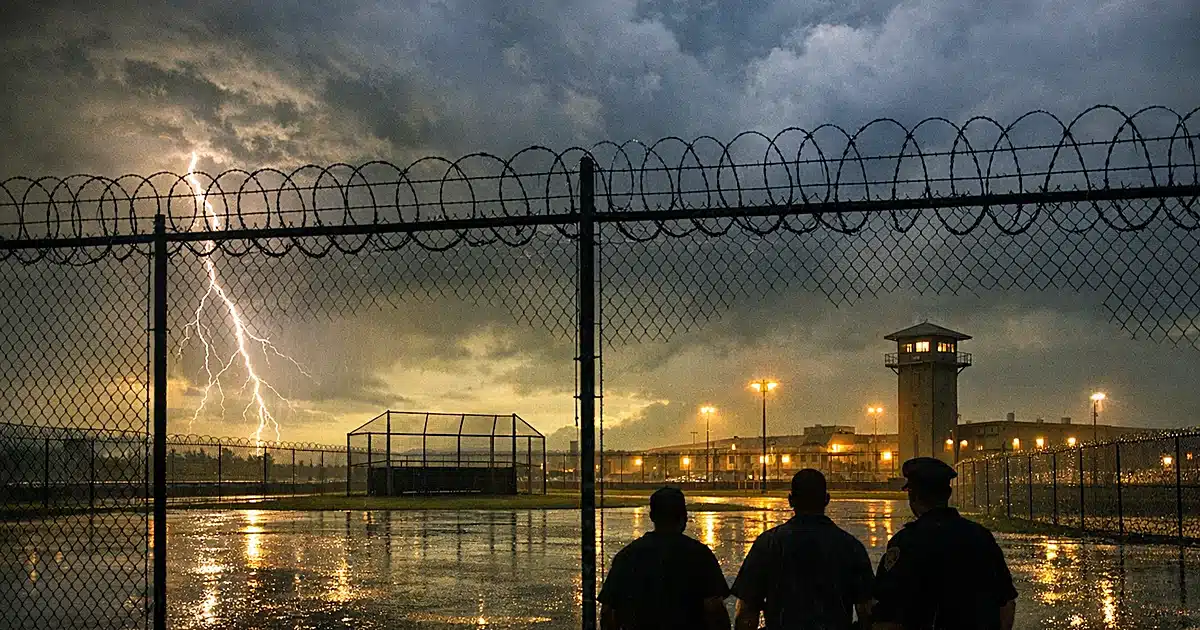 Prison recreation yard with softball field under dark storm clouds with distant lightning at dusk