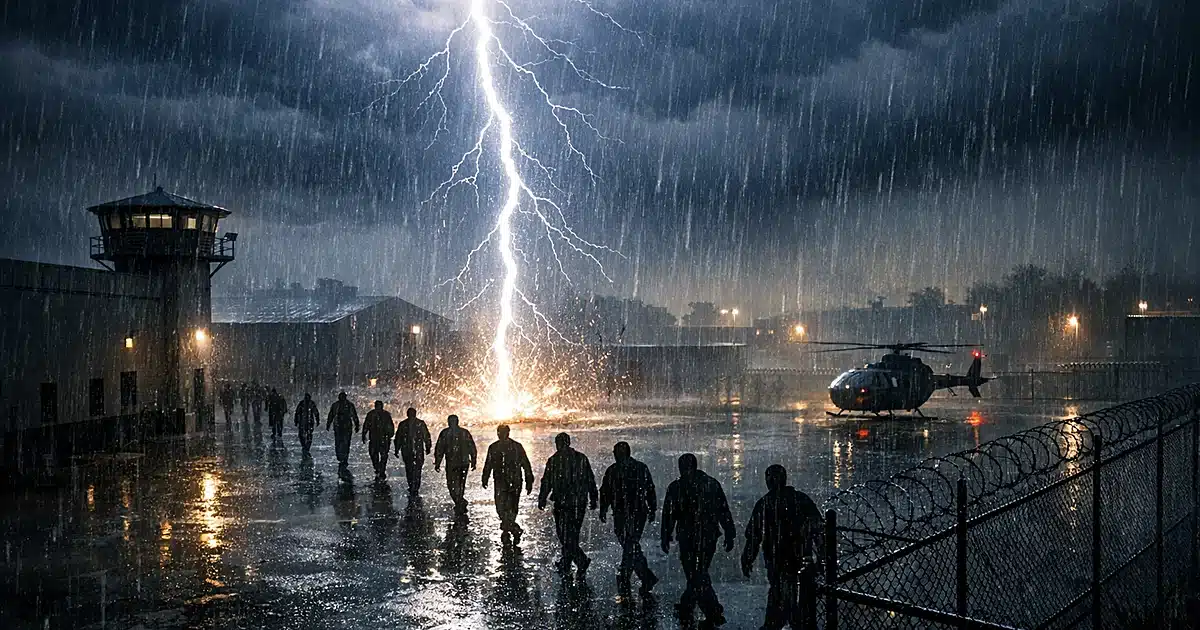 Lightning bolt striking prison yard as silhouetted figures walk between buildings during thunderstorm
