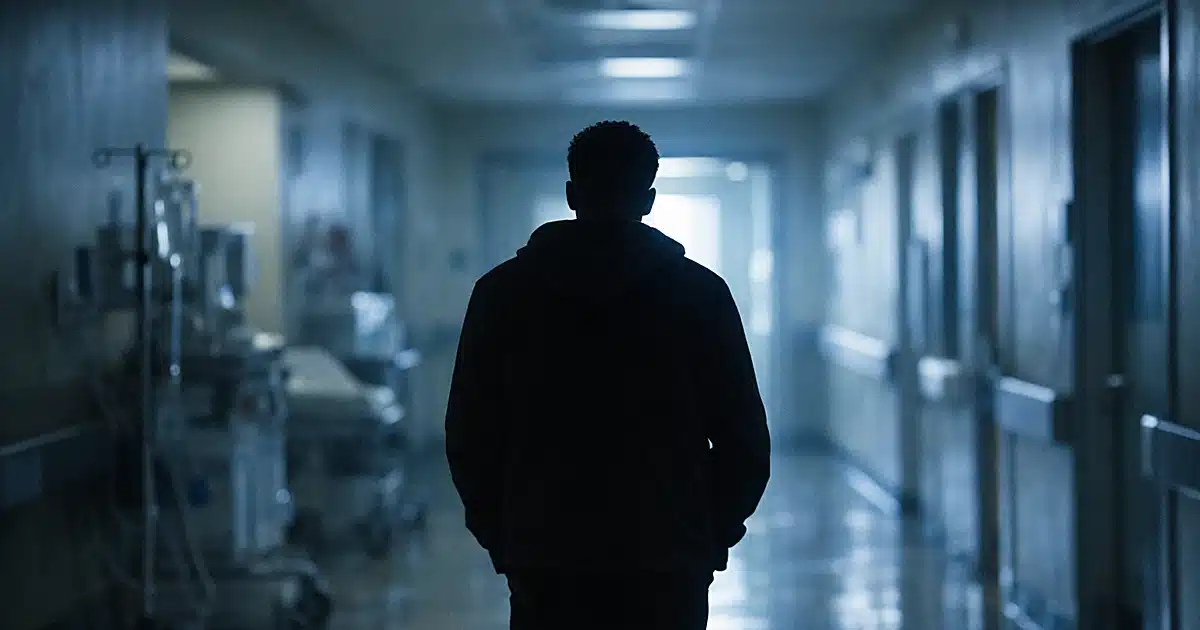 Silhouetted figure stands alone in dimly lit hospital corridor with fluorescent lighting