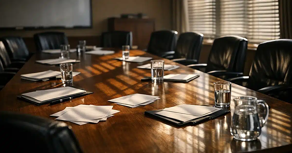 Empty jury deliberation room with scattered chairs and blank notepads on wooden table under striped window light