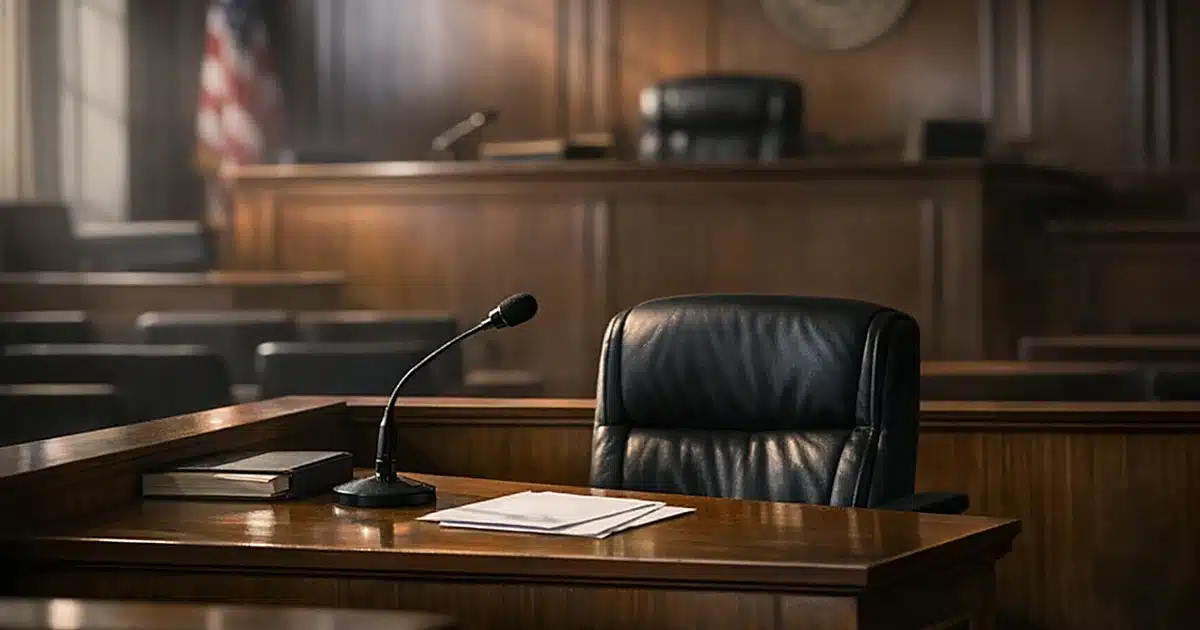 Empty witness stand in a darkened courtroom with dramatic lighting and judge's bench in background