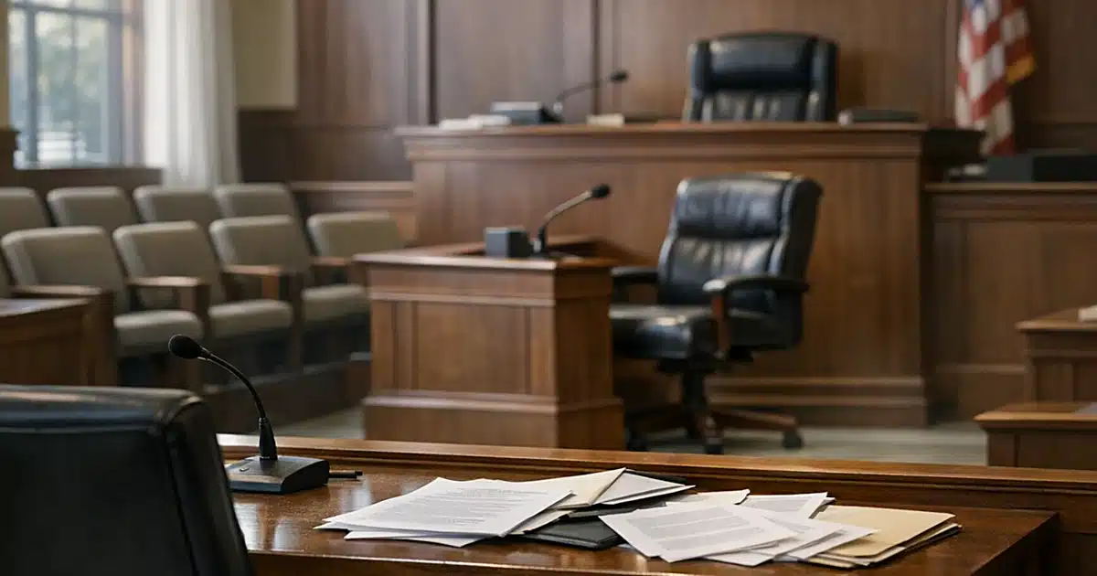 Empty courtroom interior with judge's bench, witness stand, and scattered papers on defense table
