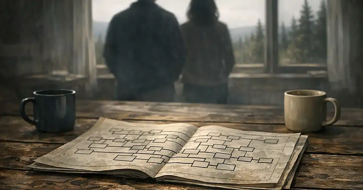 Family tree document on table with coffee mugs and silhouettes facing window overlooking Maine forest landscape