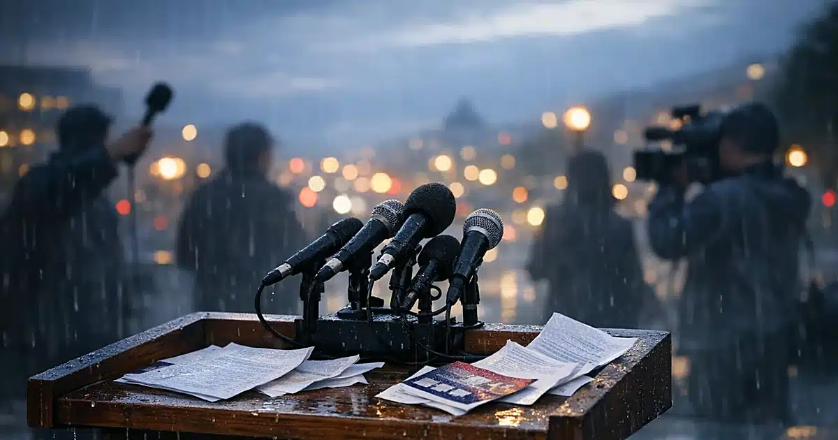 Campaign podium with microphones and scattered papers at outdoor political event with silhouetted figures in background