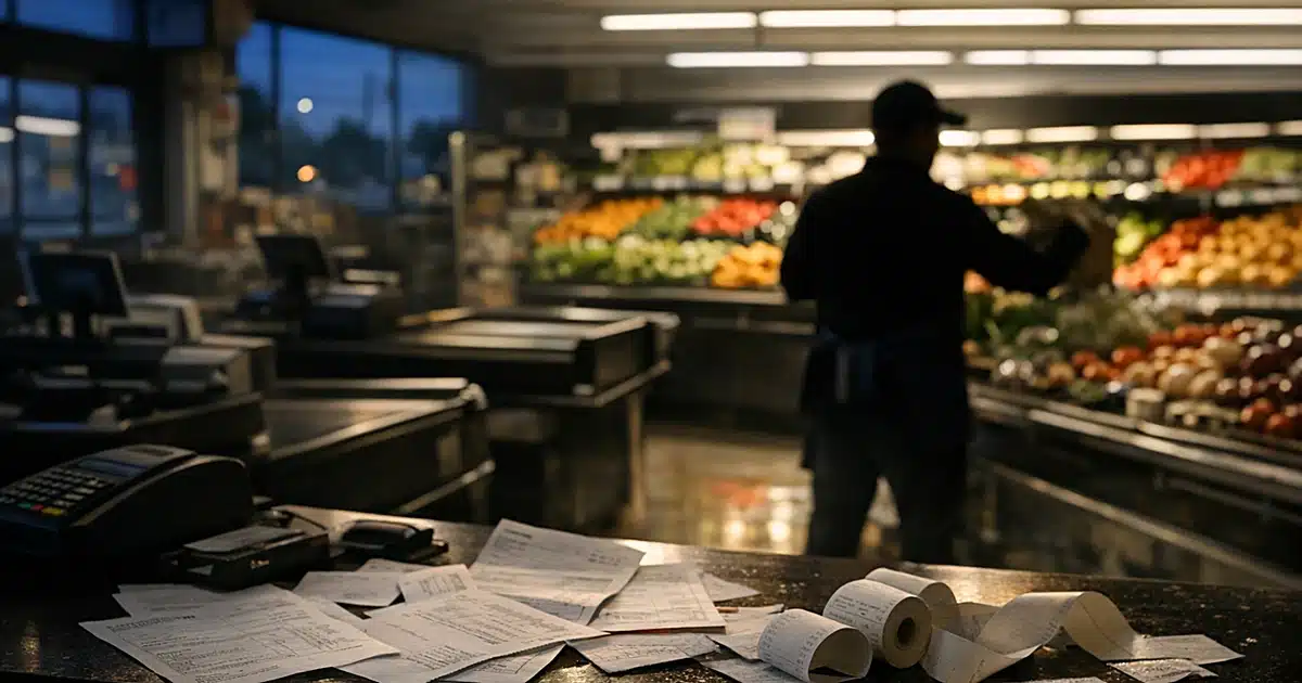 Silhouetted grocery worker stocking shelves in dimly lit independent supermarket with empty checkout lanes