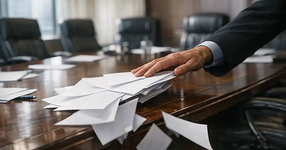 Empty boardroom with papers being swept off table, vacant leather chairs pushed back at angles