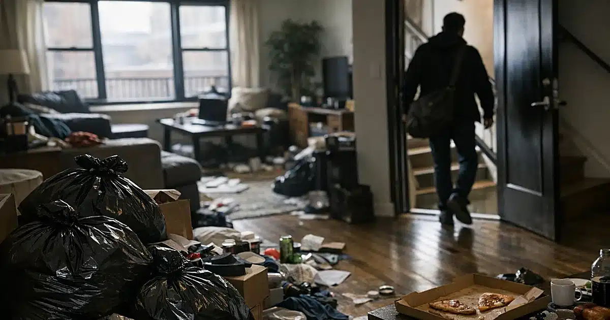 Cluttered Brooklyn apartment interior with trash and belongings scattered, silhouetted figure departing through doorway