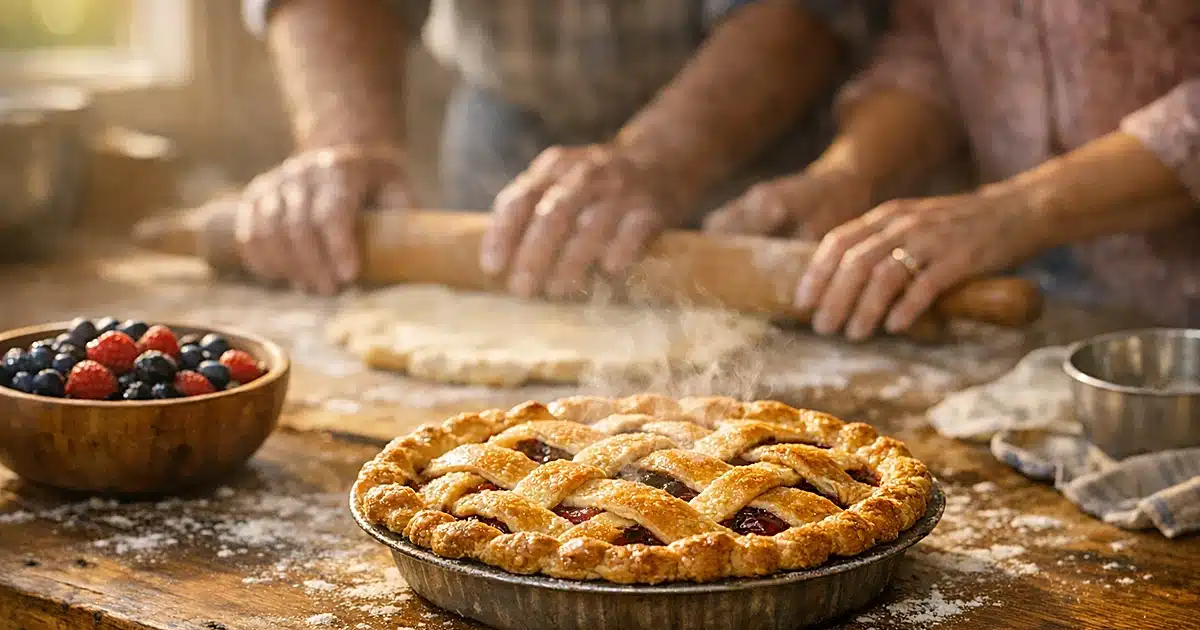 Hands rolling pie dough on kitchen counter with freshly baked lattice pie steaming in foreground